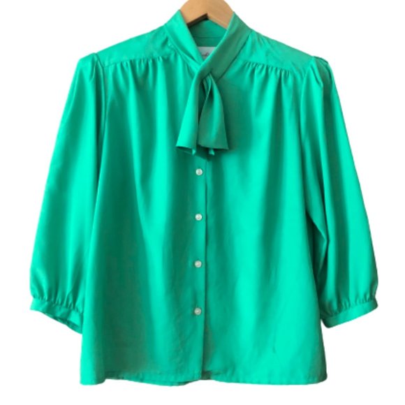 Vintage Turquoise Green PussyBow Blouse Chaus - Picture 3 of 16